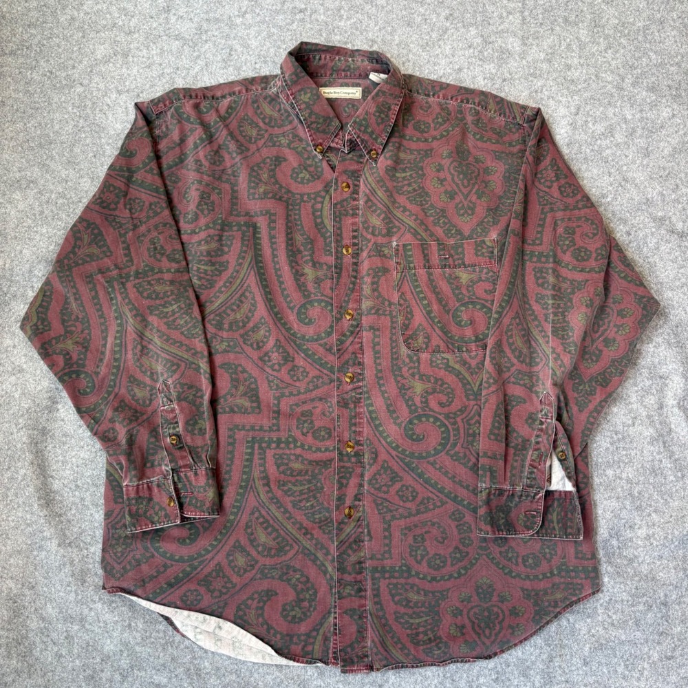 Bugle Boy Company Mens XL Paisley Button Down Shirt Burgundy Olive Long Sleeve